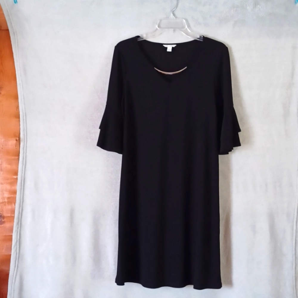 Cato Est 1946 Women's Black V-Neck Short Shift Dress 3/4 Ruffle Sleeve Size S